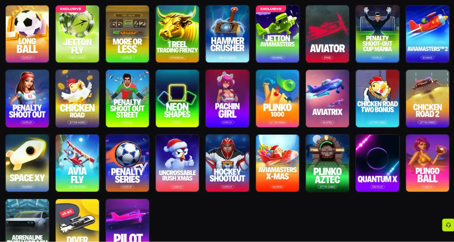 Розділ швидких ігор Jetton: Aviator від Spribe, Aviatrix, Plinko 1000 і Chicken Road під лейблом JetTon Games